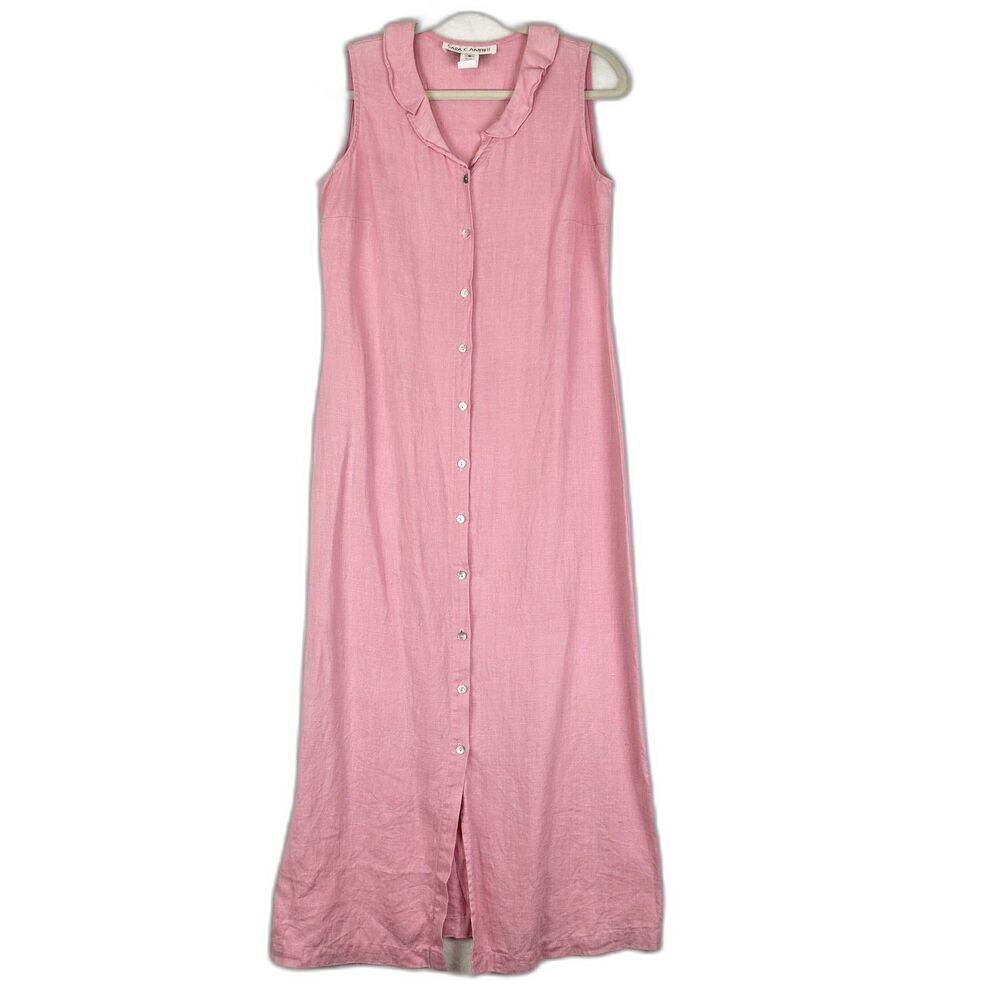 Sara Campbell Linen Midi Shirtdress Size 6 Pink Sleeveless Collar Button Front
